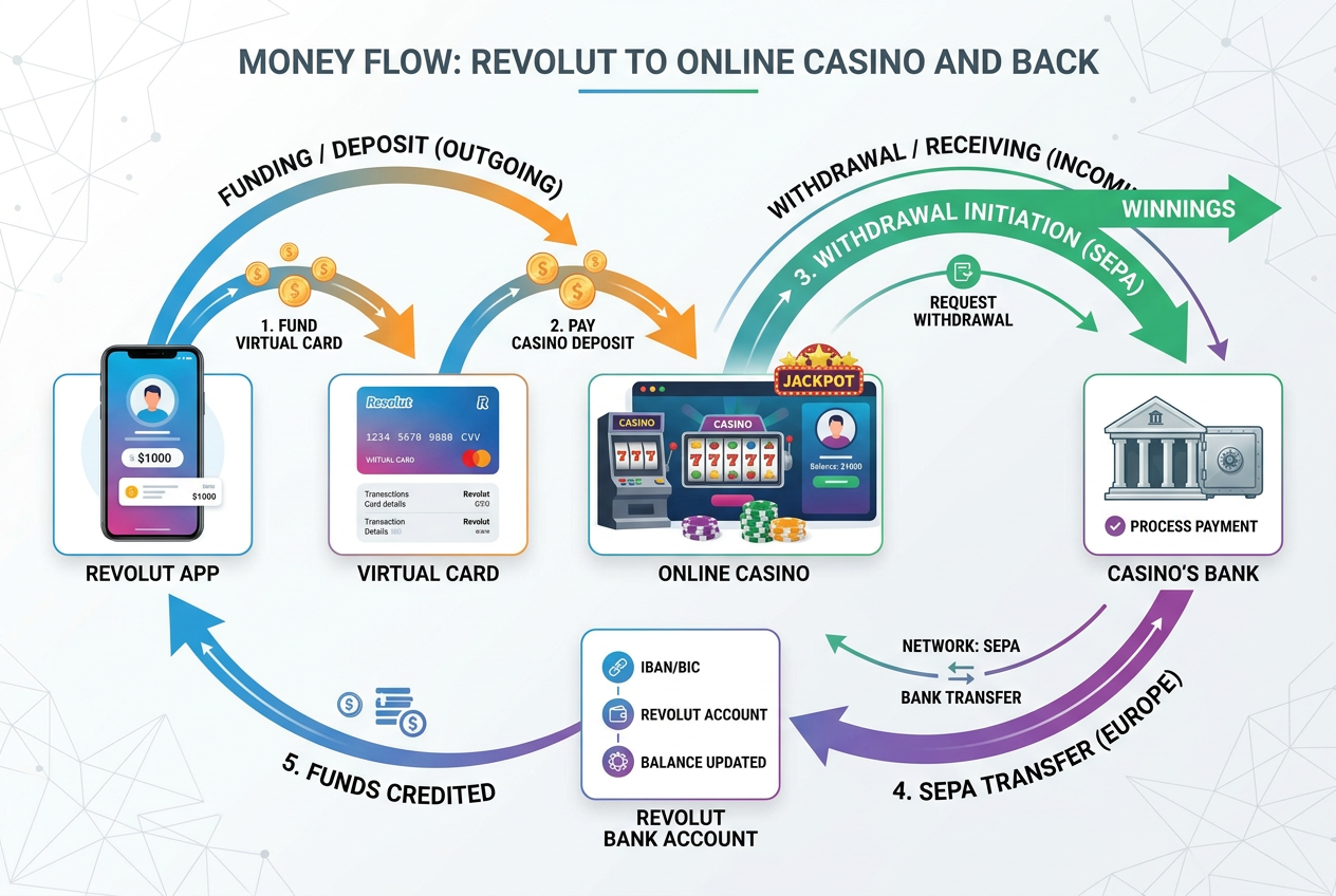Infografika znázorňující tok peněz z Revolut účtu do online casina a zpět přes SEPA Instant